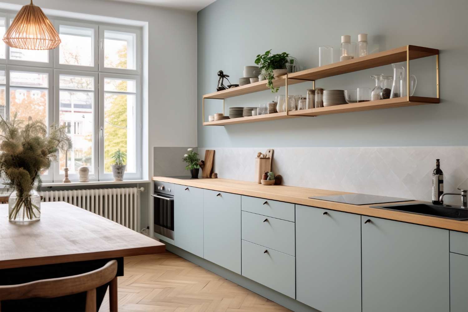 Cuisine contemporaine sur mesure – Jérôme Dépannage Cuisine moderne sur mesure avec meubles bois et plan de travail clair